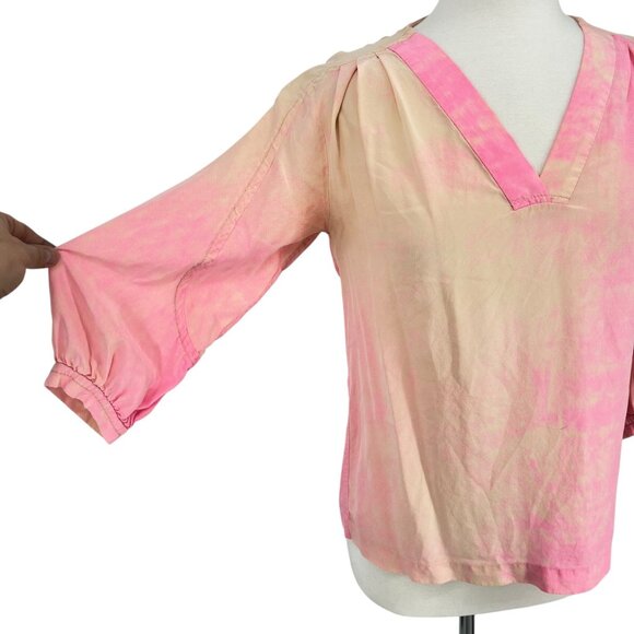 Diane Von Furstenberg Neon Spray Tie Dye 100% Silk Blouse Pink Peach Size 4 - Picture 5 of 14